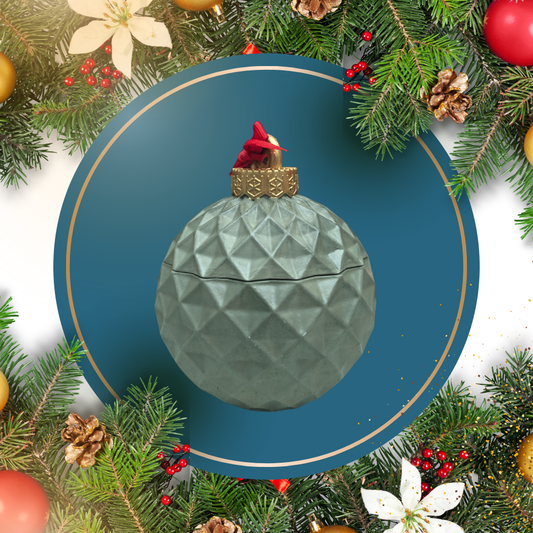 We have the green concrete ornament vessel with Christmas decoration as a background