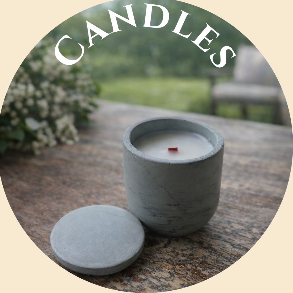 Hand-poured coconut apricot candle in concrete handmade jar by Solstice Wicks