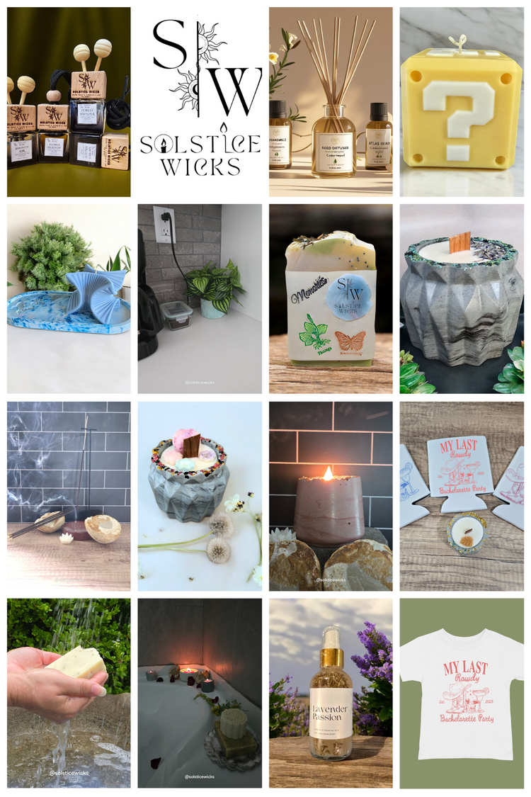 "Artisan-crafted home scents collection including candles, diffusers, wax melts, and botanical soaps, customizable products 