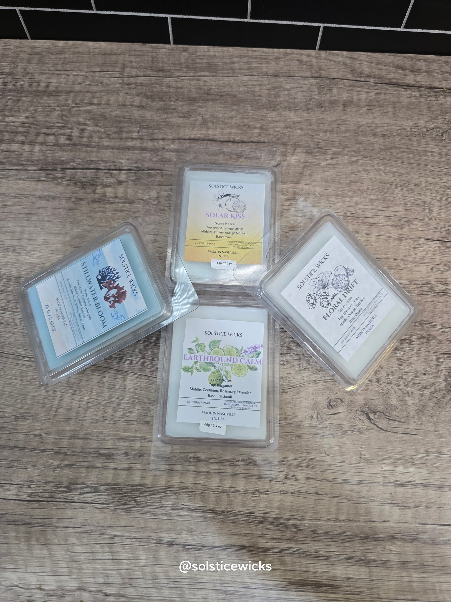 Solstice Wicks wax melts in seasonal scents – coconut wax, phthalate-free, hand-poured in eco-friendly packaging