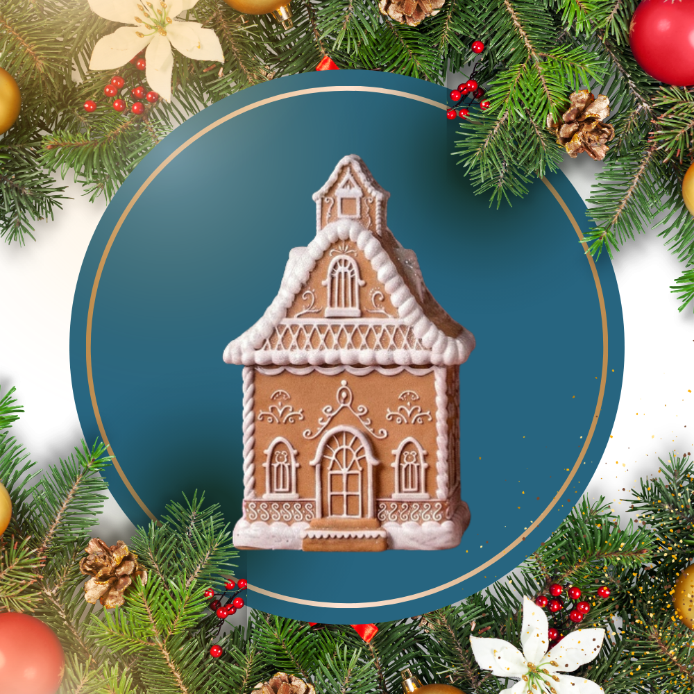We have one of the gingerbread house vessel simulating a church colors brown and white in the back have a Christmas Background and blue circle and gold detail