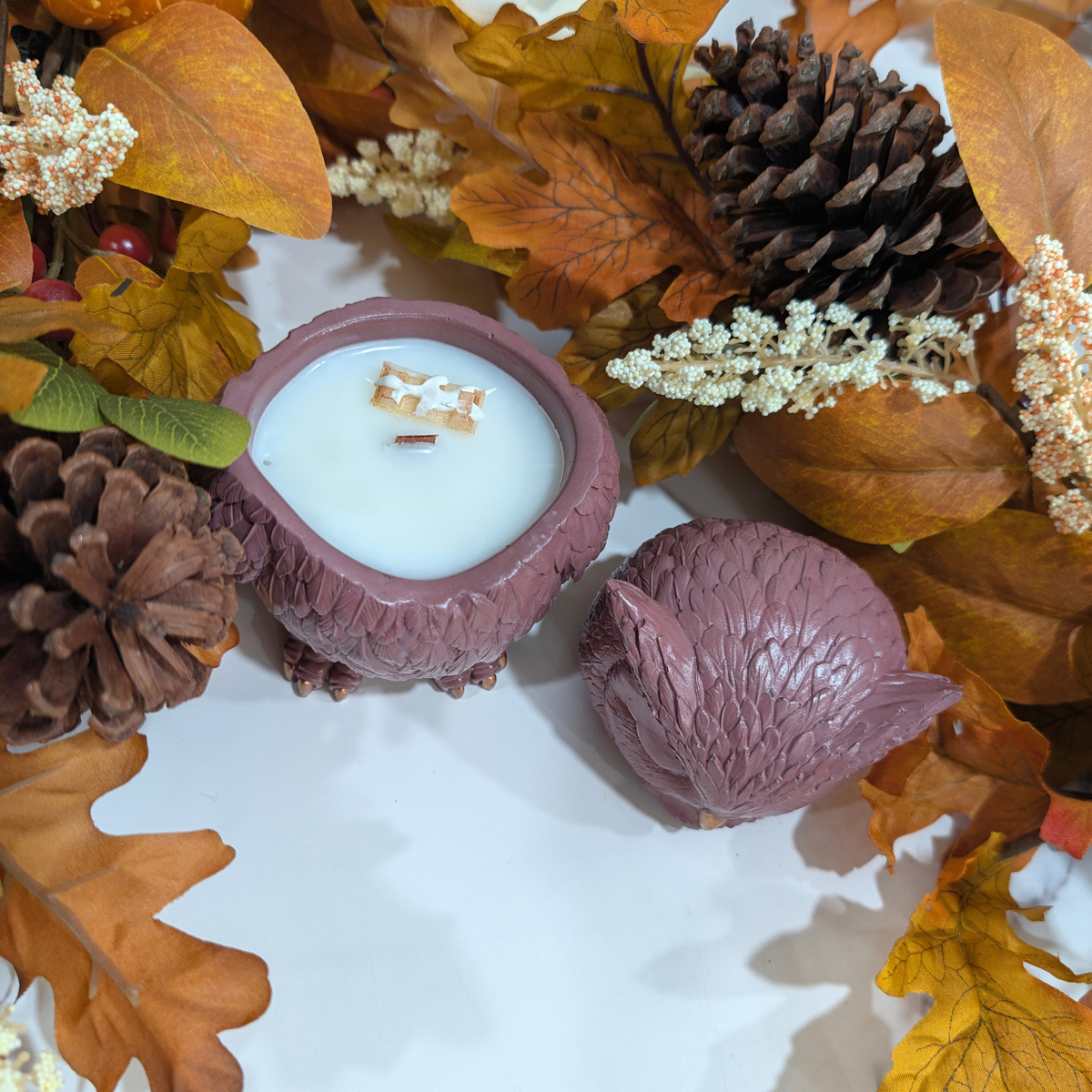 The top of  a handcrafted brown red Owl in front of a falls decoration like leaves, pine corn. white flower inside of the owl is fill with coconut apricot wax and have a waffle decoration