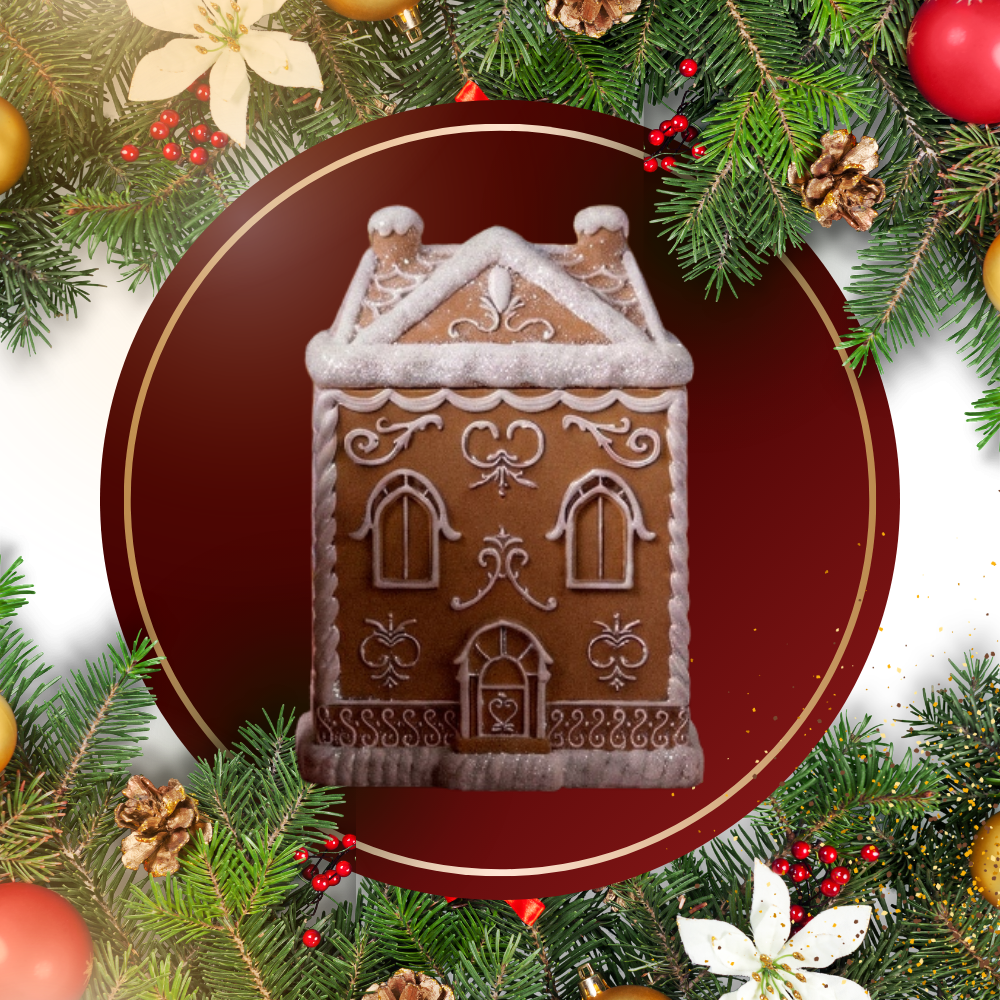 We have or second  of the gingerbread house vessel simulating a 2 story house colors brown and white in the back have a Christmas Background and burgundy circle and gold detail