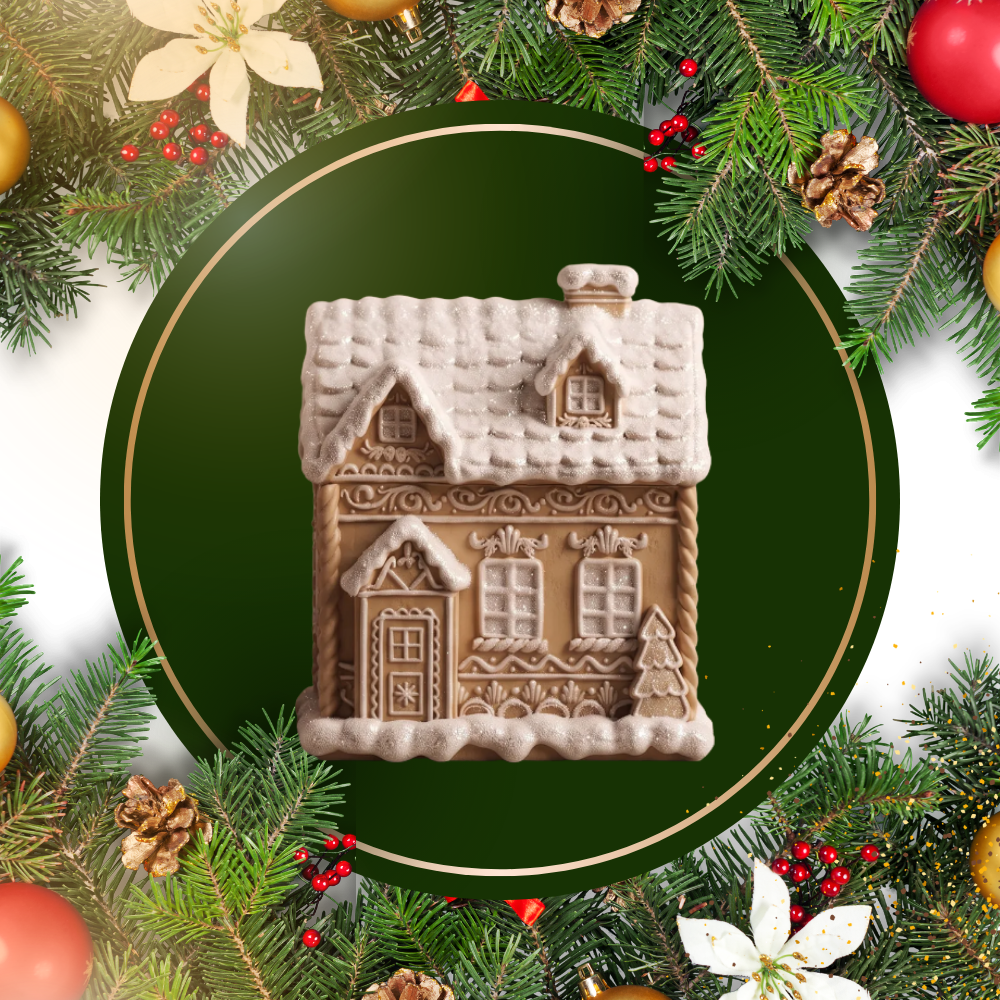 We have our third gingerbread house vessel simulating a cottage house colors brown and white in the back have a Christmas Background and green circle and gold detail