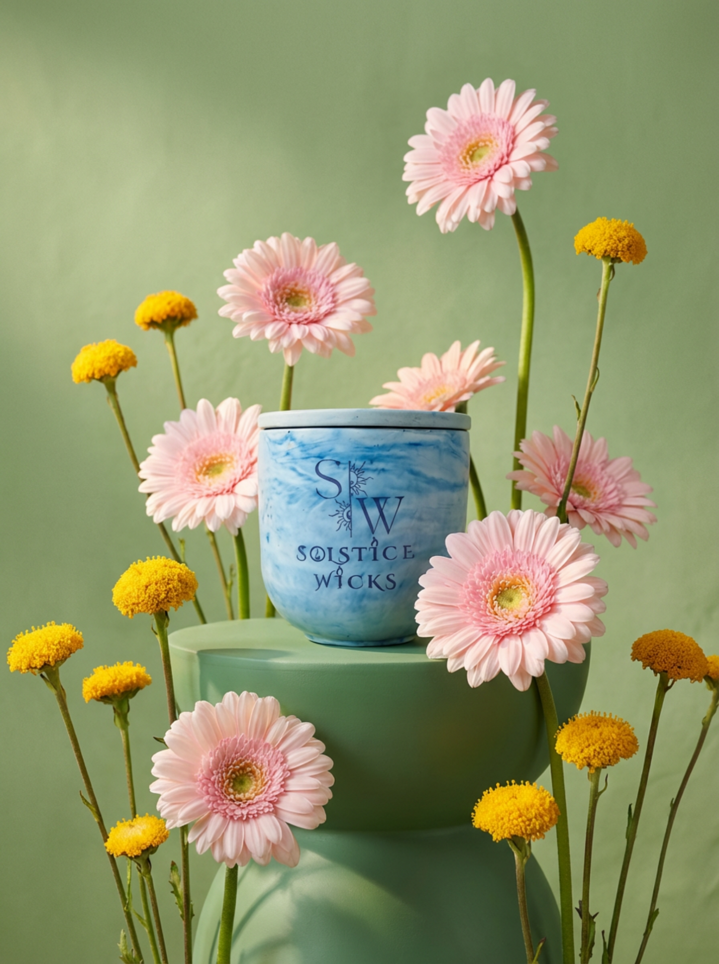 Candle with floral arrangement on a green background 9 oz jar