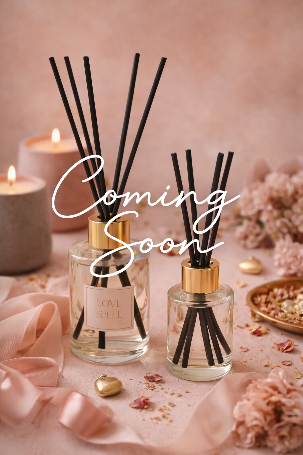 Solstice Wicks Valentine’s reed diffusers in clear glass bottles with pink background – long-lasting flameless scent