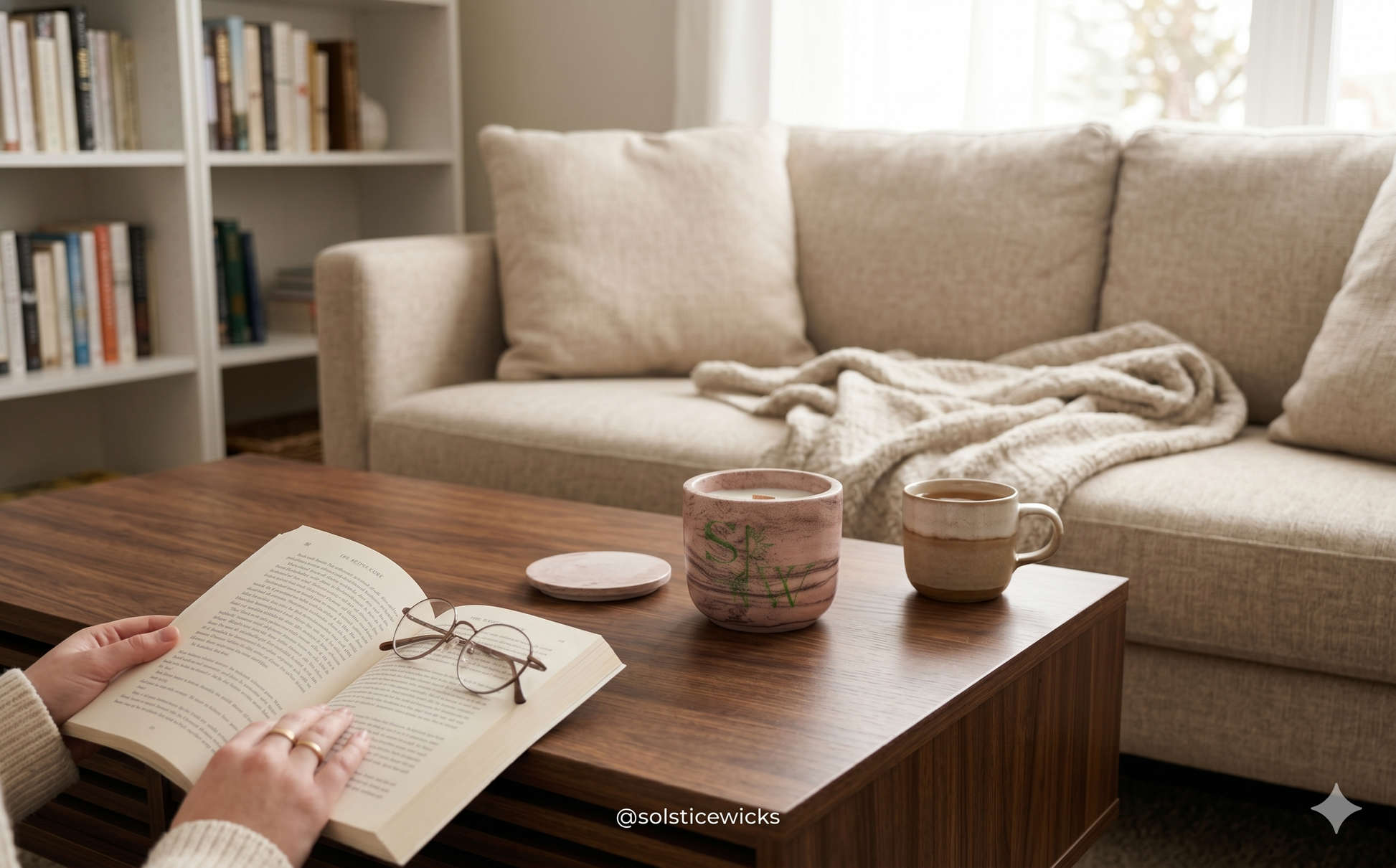 Person reading a book enjoying a candle from Solstice wicks in front of a wooden coffee tablet hat have a mug and glasses, in a cozy living room.