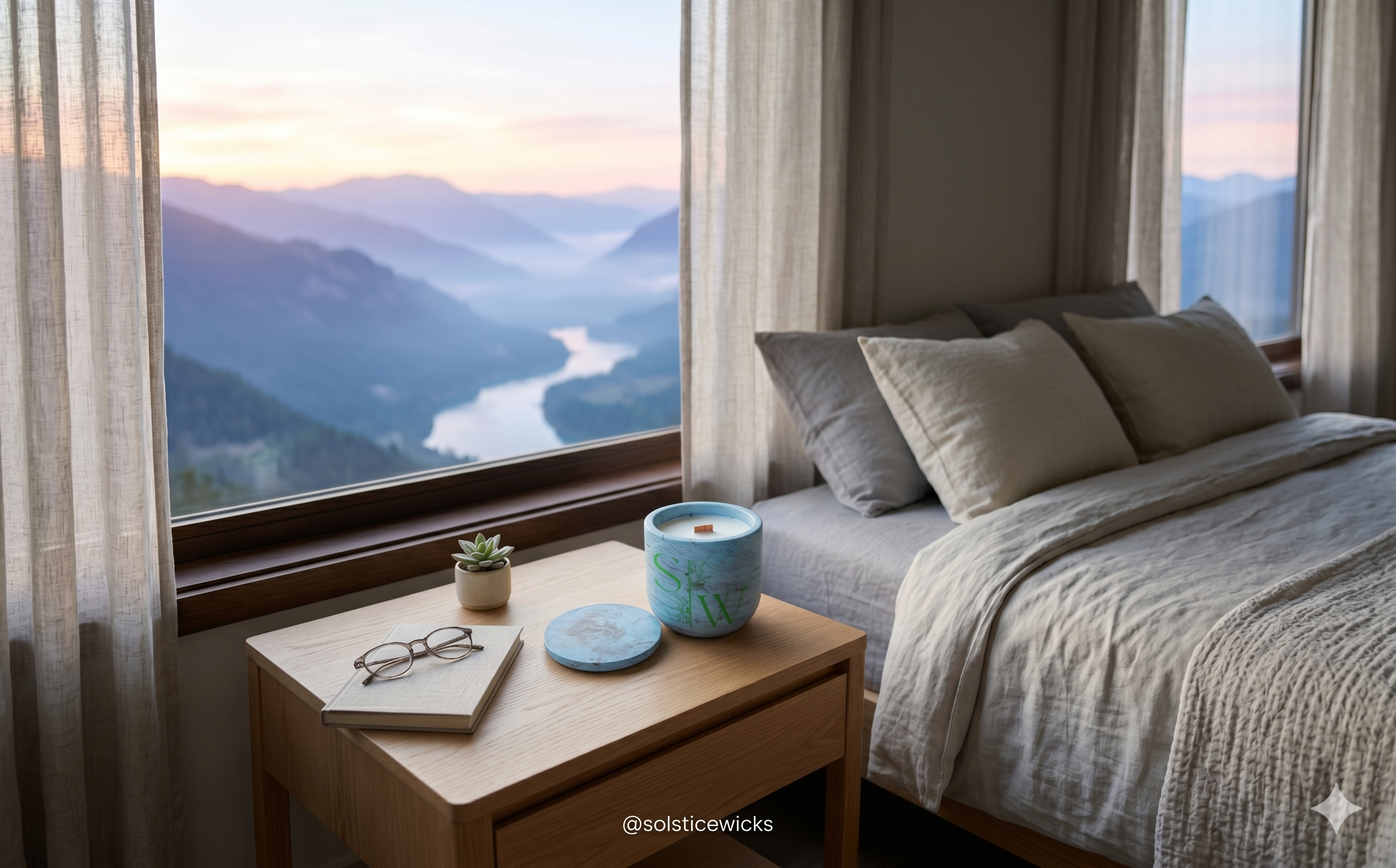 Cozy bedroom with a view of mountains and lake, featuring a bed, in top of the nightstand is a blue jar candle from solstice wicks, and window.
