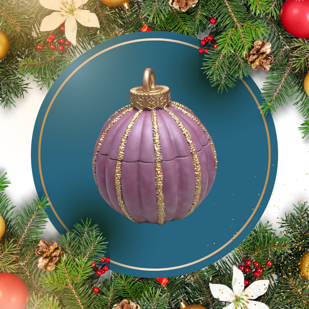We have the light burgundy color concrete ornament vessel with Christmas decoration as a background