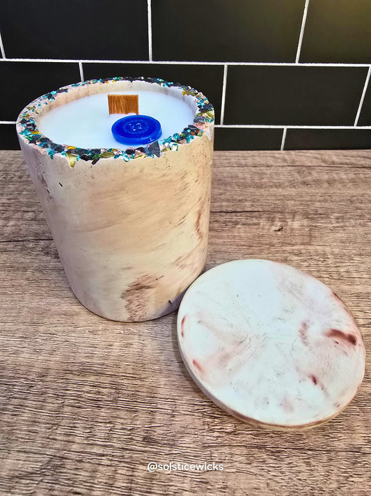 Earthbound Calm Candle in concrete jar – mint, citrus, and herbal notes for a calming, fresh home scent