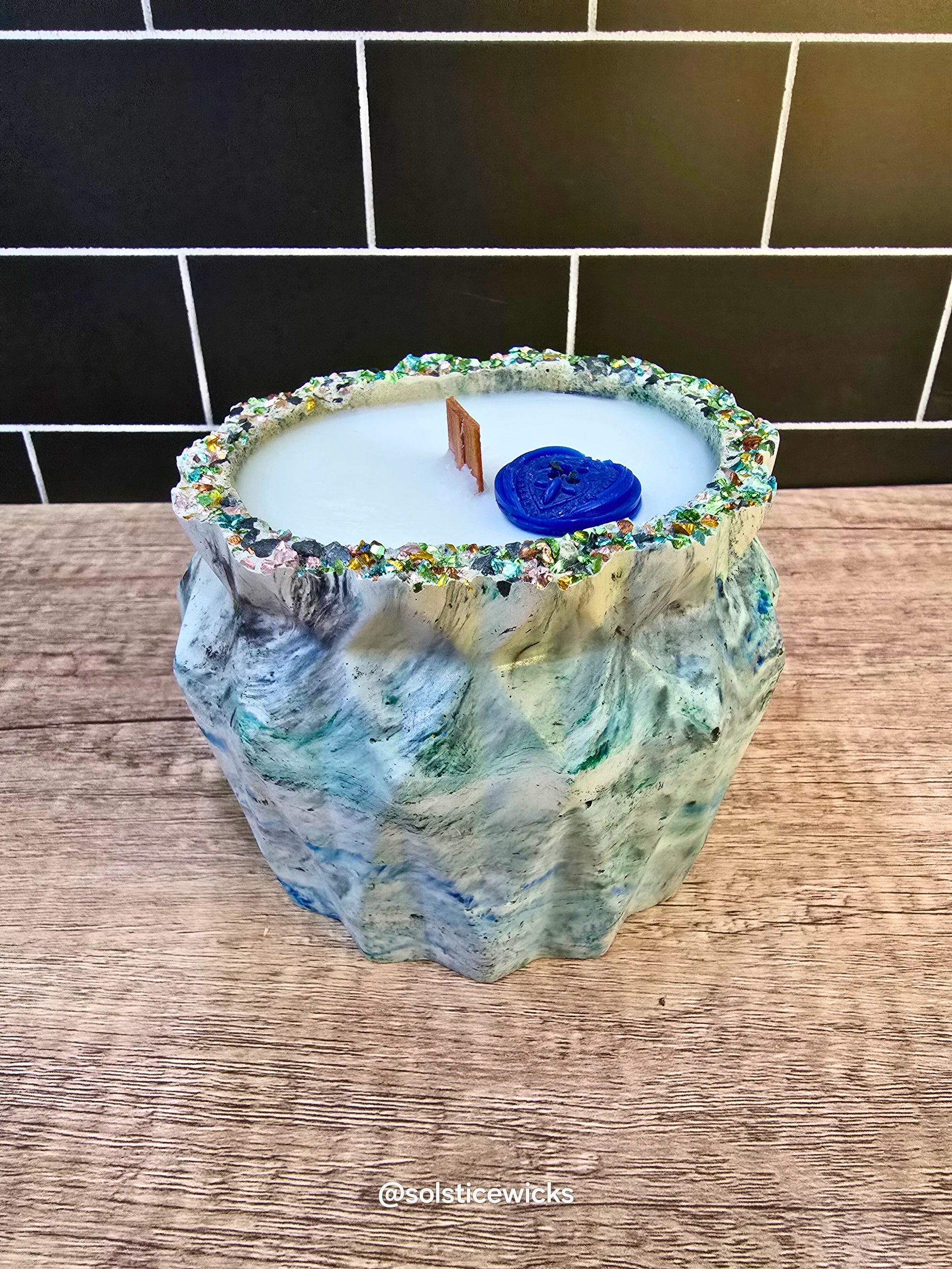 Earthbound Calm Candle in concrete jar – mint, citrus, and herbal notes for a calming, fresh home scent