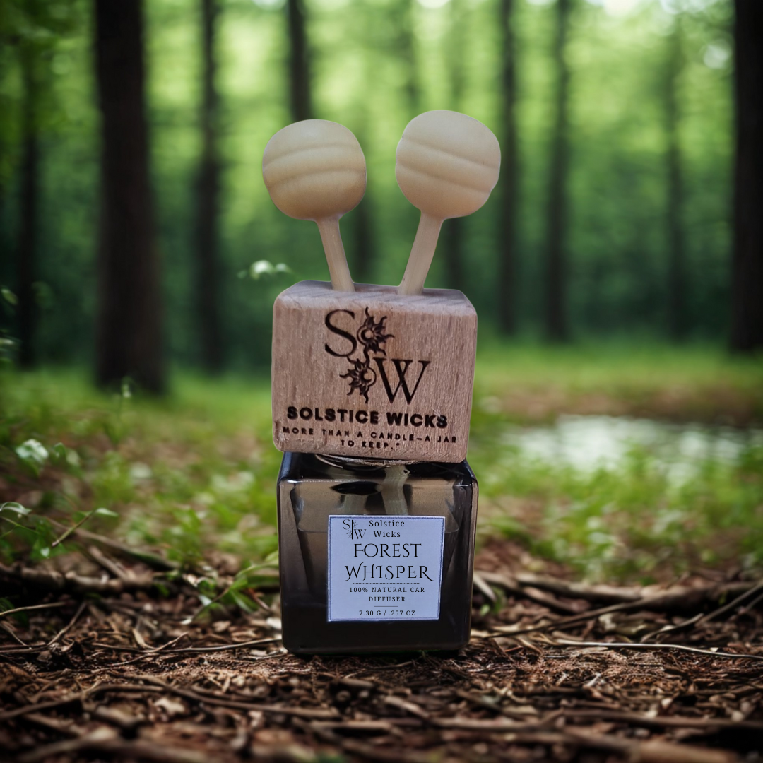 Vent Clip Air car diffuser labeled “Forest Whisper” with pine needles, eucalyptus globulus leaves, and peppermint — fresh forest-inspired essential oil blend for cars.