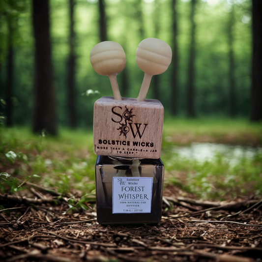 Vent Clip Air car diffuser labeled “Forest Whisper” with pine needles, eucalyptus globulus leaves, and peppermint — fresh forest-inspired essential oil blend for cars.