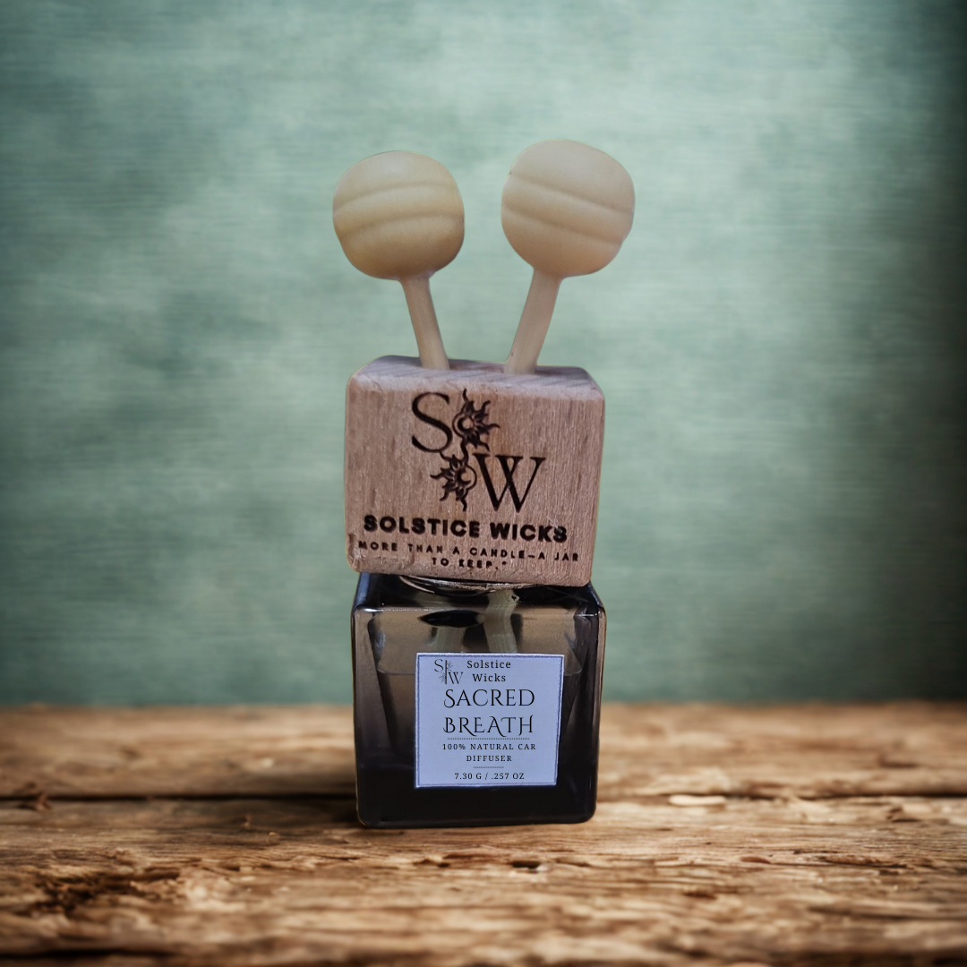 CAR diffuser with wooden sticks, WOOD top with crystal body on a wooden surface and green background