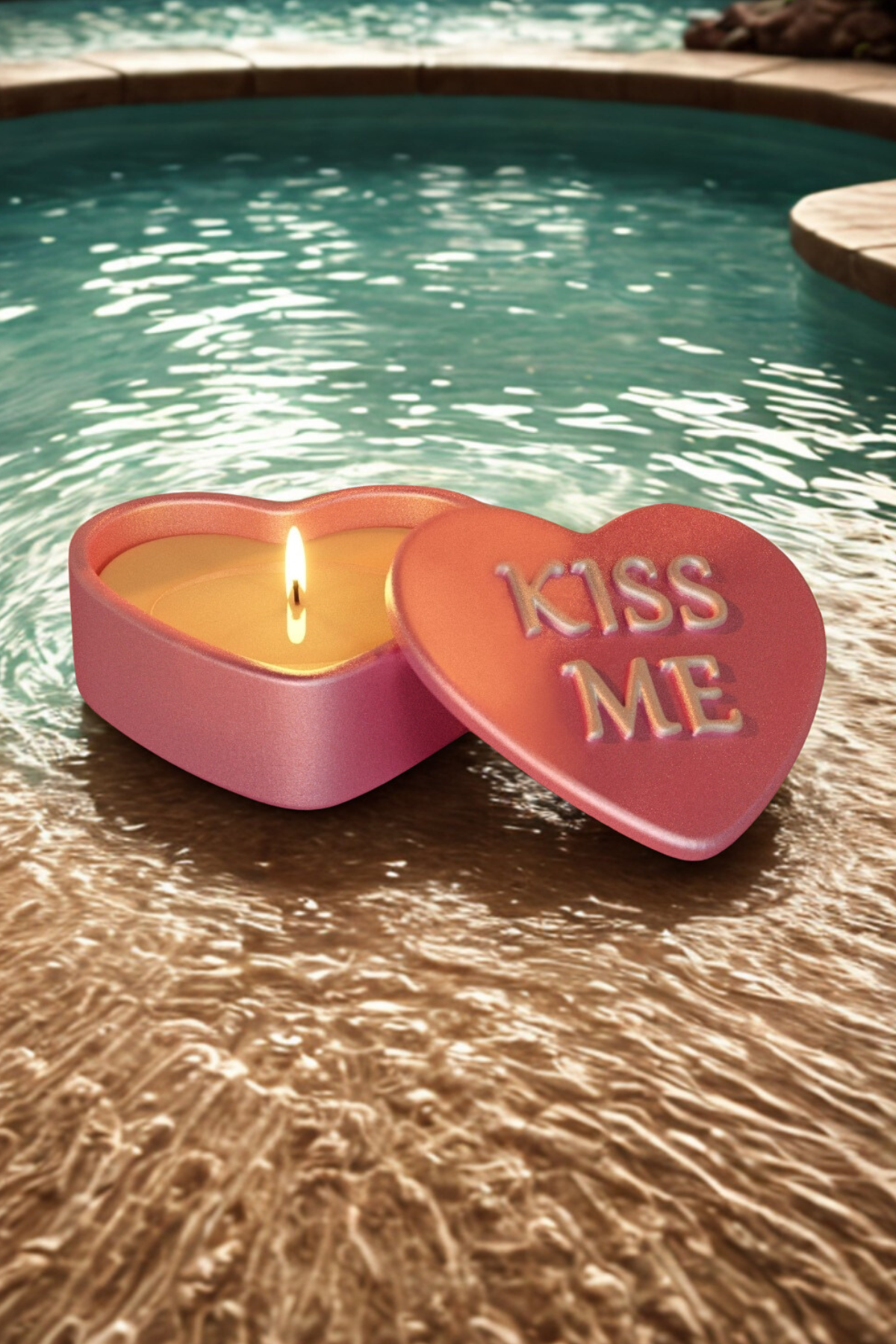 Heart-shaped 'KISS ME' candle floating in a pool. valentines's day candle limited edition