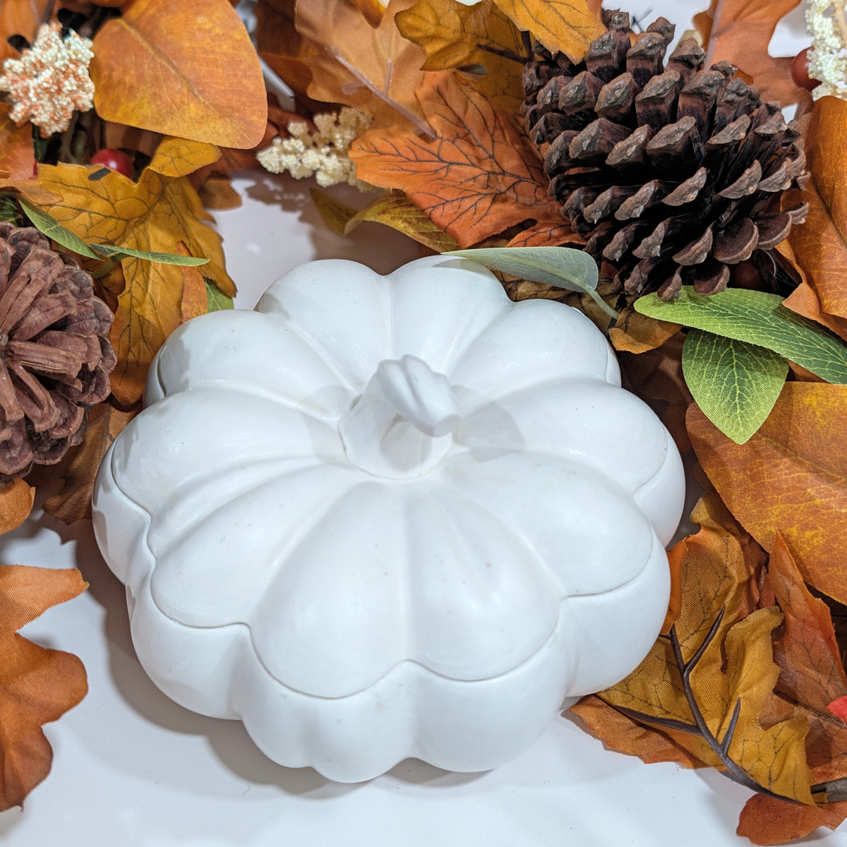 the top of  a handcrafted White large pumpkin in front of a falls decoration like leaves, pine corn. white flower